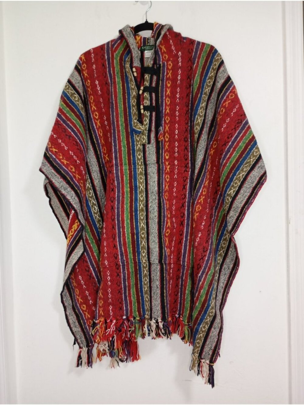 Handwoven Multicolor Hooded Poncho Front Pocket Wooden Toggle Buttons Fringe Hem